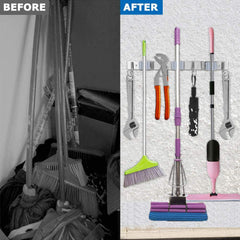 Suport multifunctional de perete mop, maturi 3 spatii + 4 carlige, otel inoxidabil - Daro Online