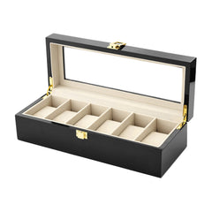 Cutie din lemn cu display pentru 6 ceasuri, interior alb, 31 x 11 x 8cm, neagra