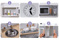 Bucatarie din lemn pentru copii cu accesorii, alb-gri - Daro Online