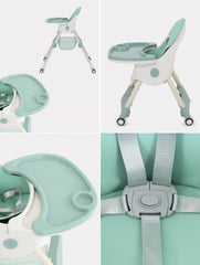 Scaun de masa bebelusi si copii, multifunctional, pliabil, tavita detasabila, spatar ajustabil, roti detasabile, verde - Daro Online