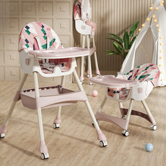 Scaun de masa bebelusi si copii, multifunctional, pliabil, tavita detasabila, spatar ajustabil, roti detasabile, roz graffiti - Daro Online