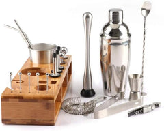 Set Cocktail Shaker Kit pentru barmani 750ml, Suport din bambus, 23 piese