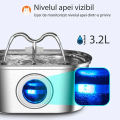 Fantana apa pisici si caini, 3.2l, otel inoxidabil, dispenser automat, robinet dublu