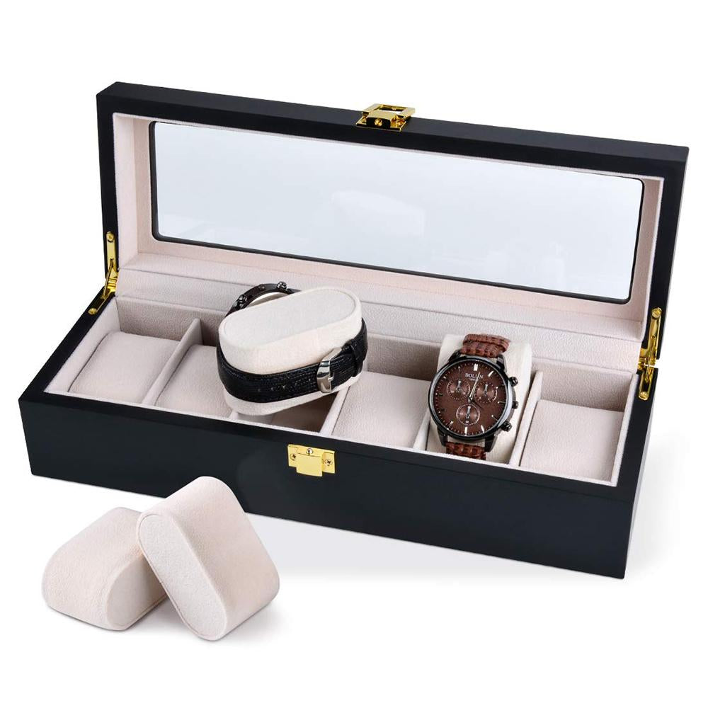 Cutie din lemn cu display pentru 6 ceasuri, interior alb, 31 x 11 x 8cm, neagra
