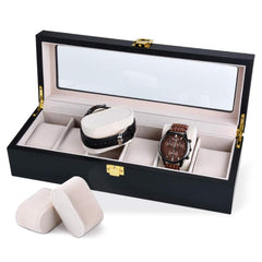 Cutie din lemn cu display pentru 6 ceasuri, interior alb, 31 x 11 x 8cm, neagra