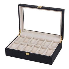 Caseta cutie lemn premium, 12 ceasuri cu display, interior catifelat, neagra