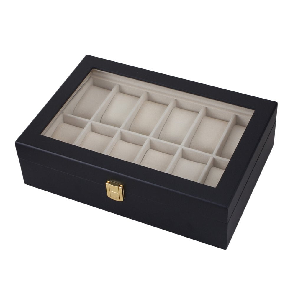 Caseta cutie lemn premium, 12 ceasuri cu display, interior catifelat, neagra